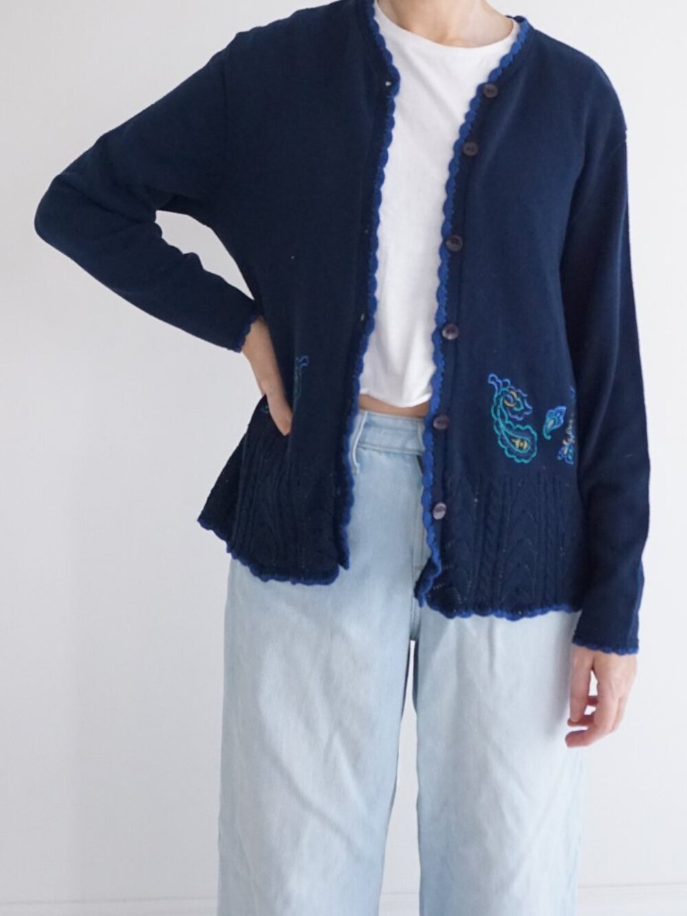 Vintage Southern Lady Navy Floral Embroidered Scalloped Trim Sweater Cardigan S